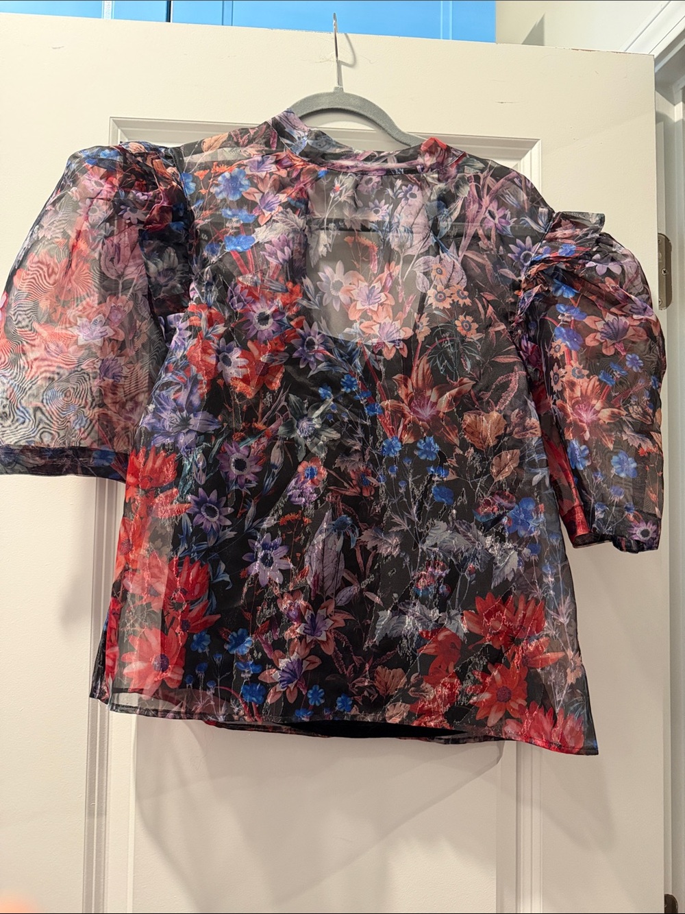 Anthropologie Black Floral Sheer Puff-Sleeve Blouse